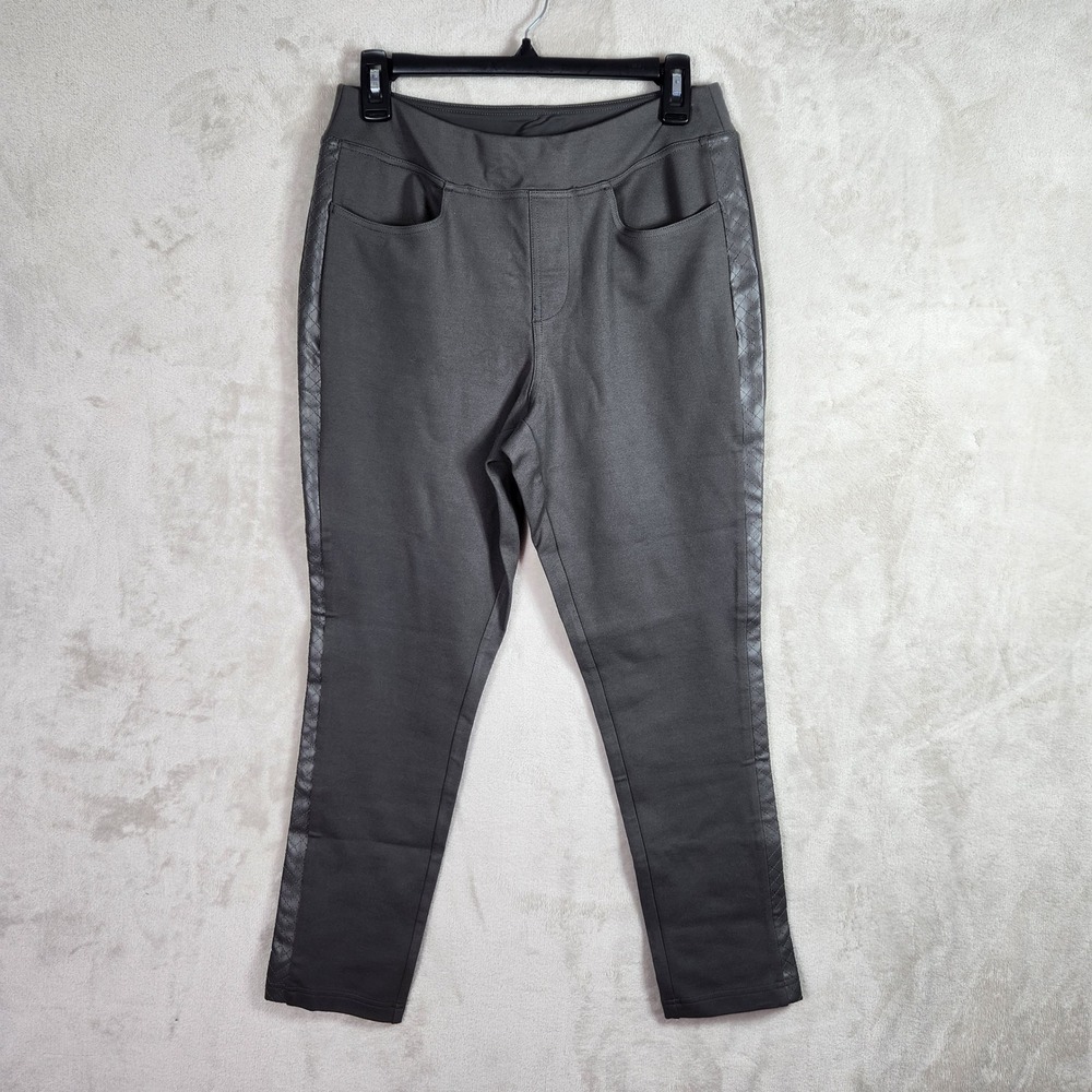 Belle Kim Gravel Leggings Womens 14 Petite Grey Faux Leather Trim Ponte‎ A620790